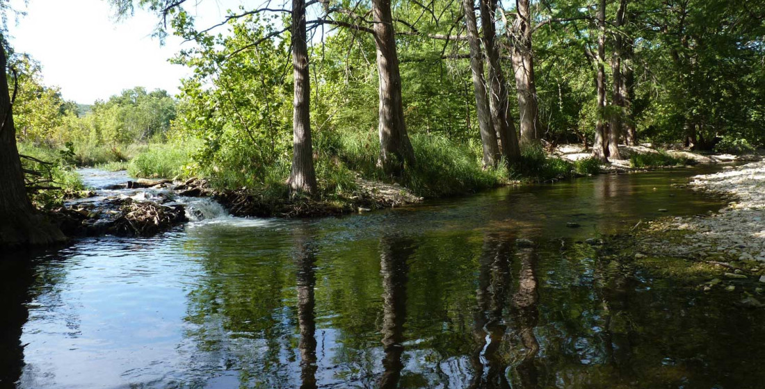 The start of the Guadalupe River. The South Fork (left) and the North Fork (right) come together in Hunt, TX.
